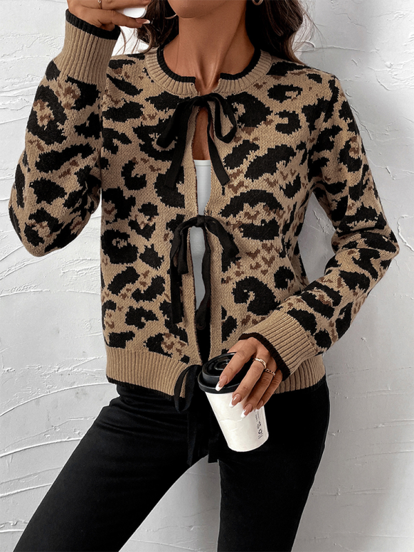 Chic Leopard Print Bow Tie Cardigan Cardigans | Chuzko.com