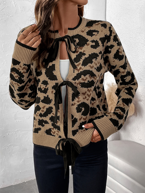 Chic Leopard Print Bow Tie Cardigan Cardigans | Chuzko.com