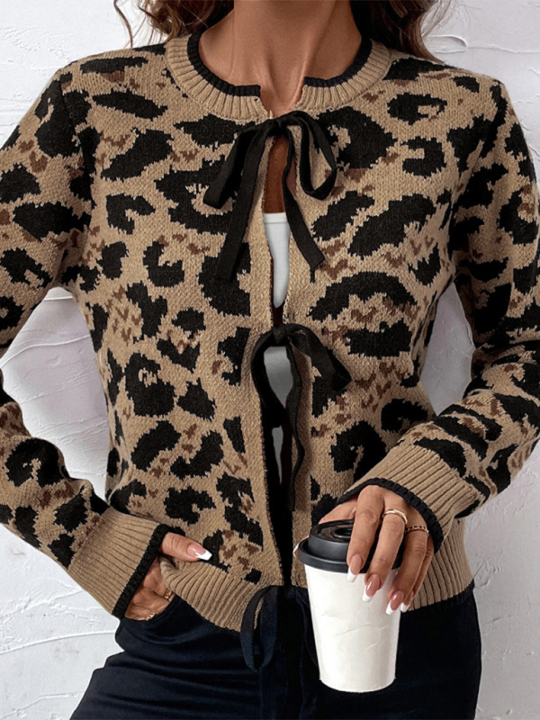 Chic Leopard Print Bow Tie Cardigan Cardigans | Chuzko.com