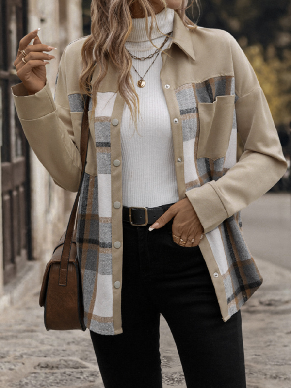 Beige Plaid Single-Breasted Coat-Jacket	