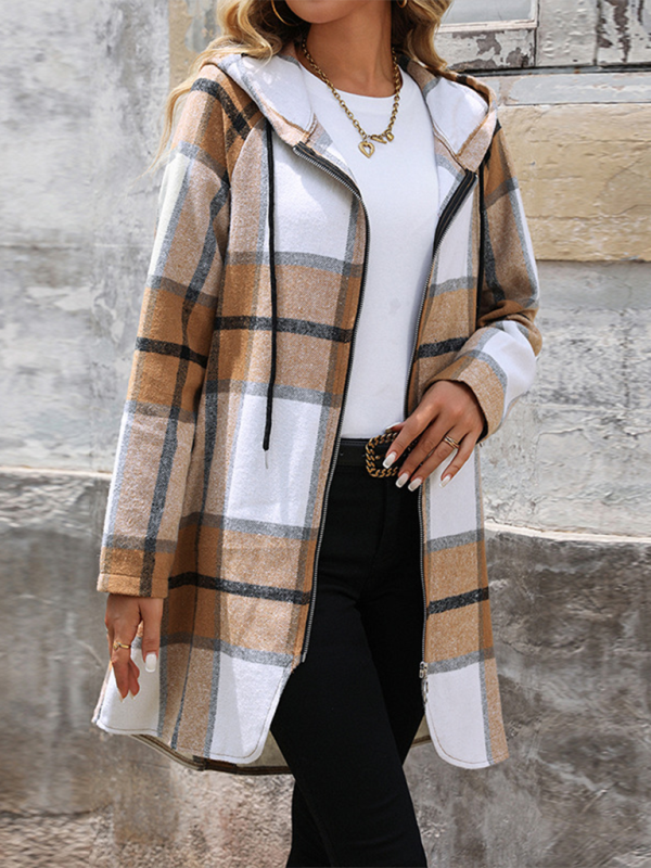 Plaid Hooded Long Jacket - Ideal for Fall Jackets | Chuzko.com