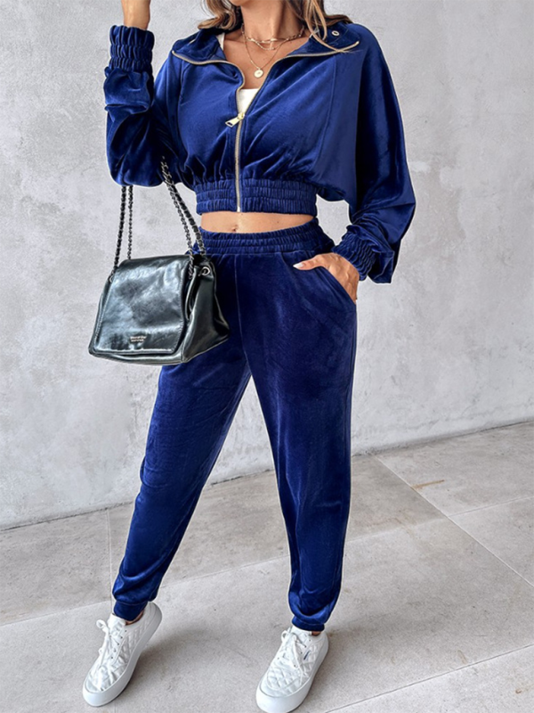 Comfy Velvet Tracksuit - Velour Jogger Pants & Crop Top Matching | Chuzko.com