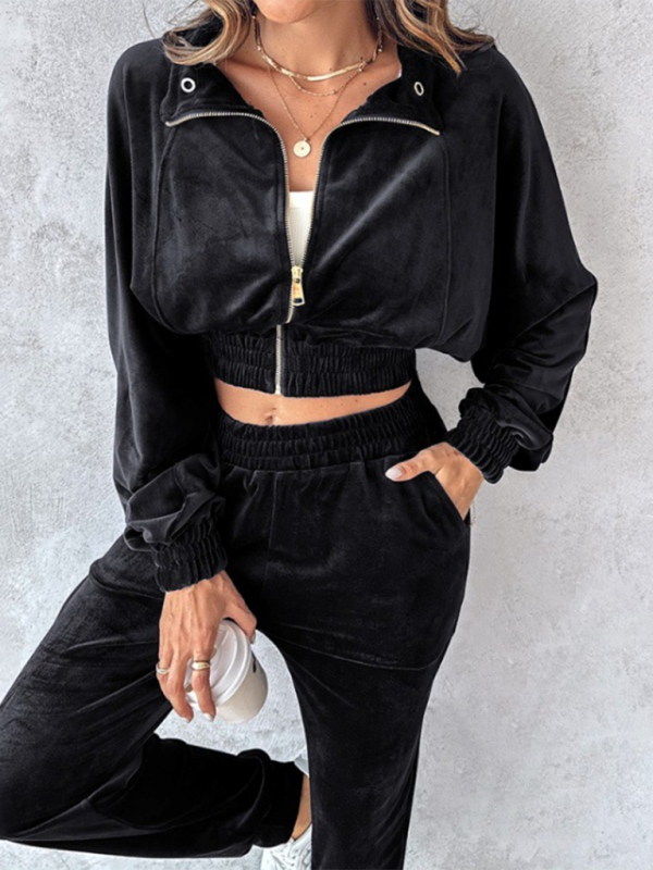 Comfy Velvet Tracksuit - Velour Jogger Pants & Crop Top Matching | Chuzko.com