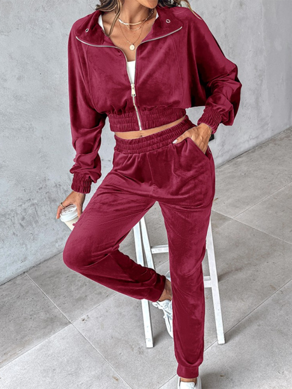 Comfy Velvet Tracksuit - Velour Jogger Pants & Crop Top Matching | Chuzko.com