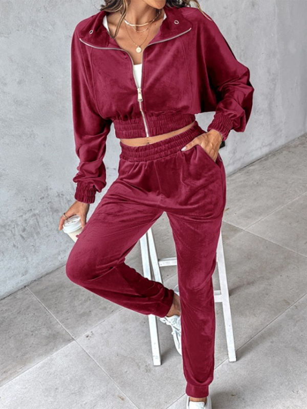 Comfy Velvet Tracksuit - Velour Jogger Pants & Crop Top Matching | Chuzko.com