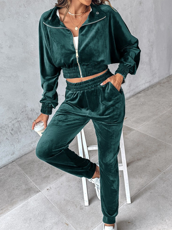 Comfy Velvet Tracksuit - Velour Jogger Pants & Crop Top Matching | Chuzko.com