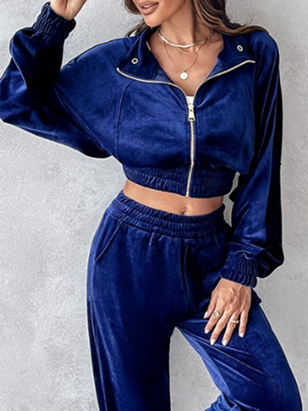 Comfy Velvet Tracksuit - Velour Jogger Pants & Crop Top Matching | Chuzko.com