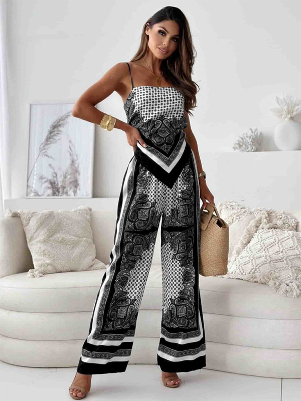 Dressy Boho Printed Wide-Leg Pants Set with Knot Back Top | Chuzko.com