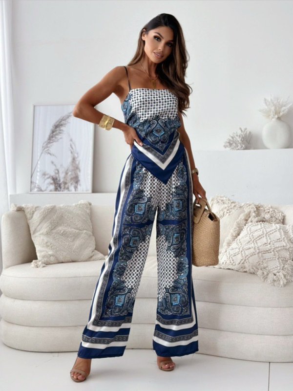 Dressy Boho Printed Wide-Leg Pants Set with Knot Back Top | Chuzko.com