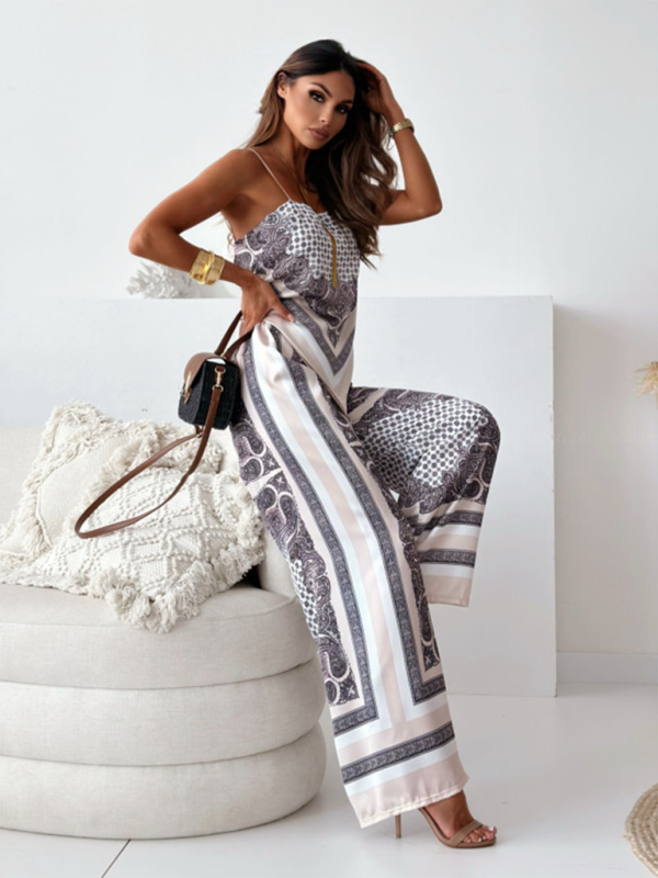 Dressy Boho Printed Wide-Leg Pants Set with Knot Back Top | Chuzko.com