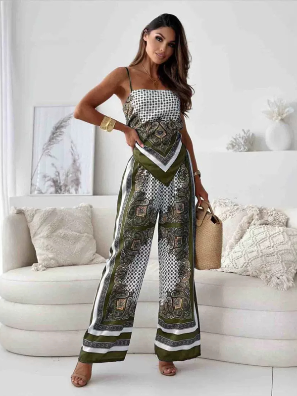 Dressy Boho Printed Wide-Leg Pants Set with Knot Back Top	