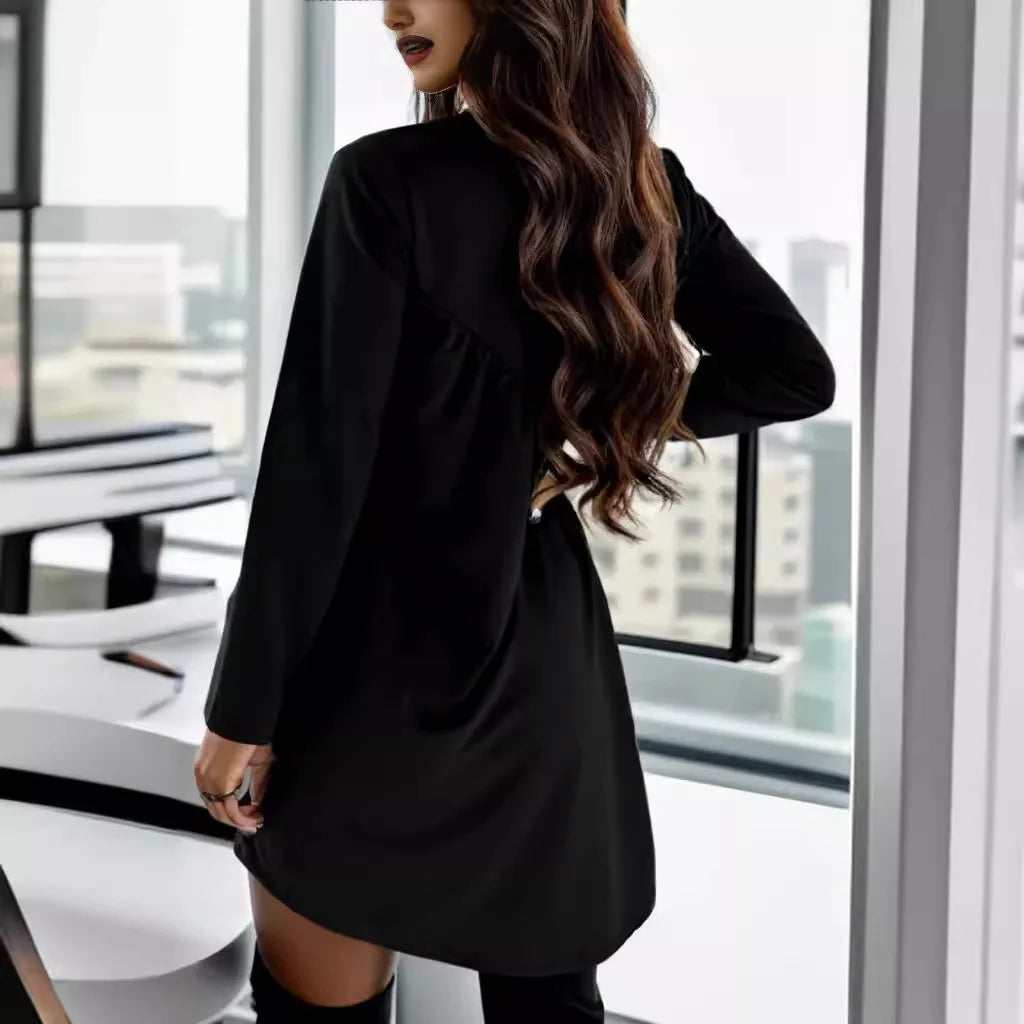 Fall Draped Black Mini Dress Long Sleeve Mini Dresses | Chuzko.com