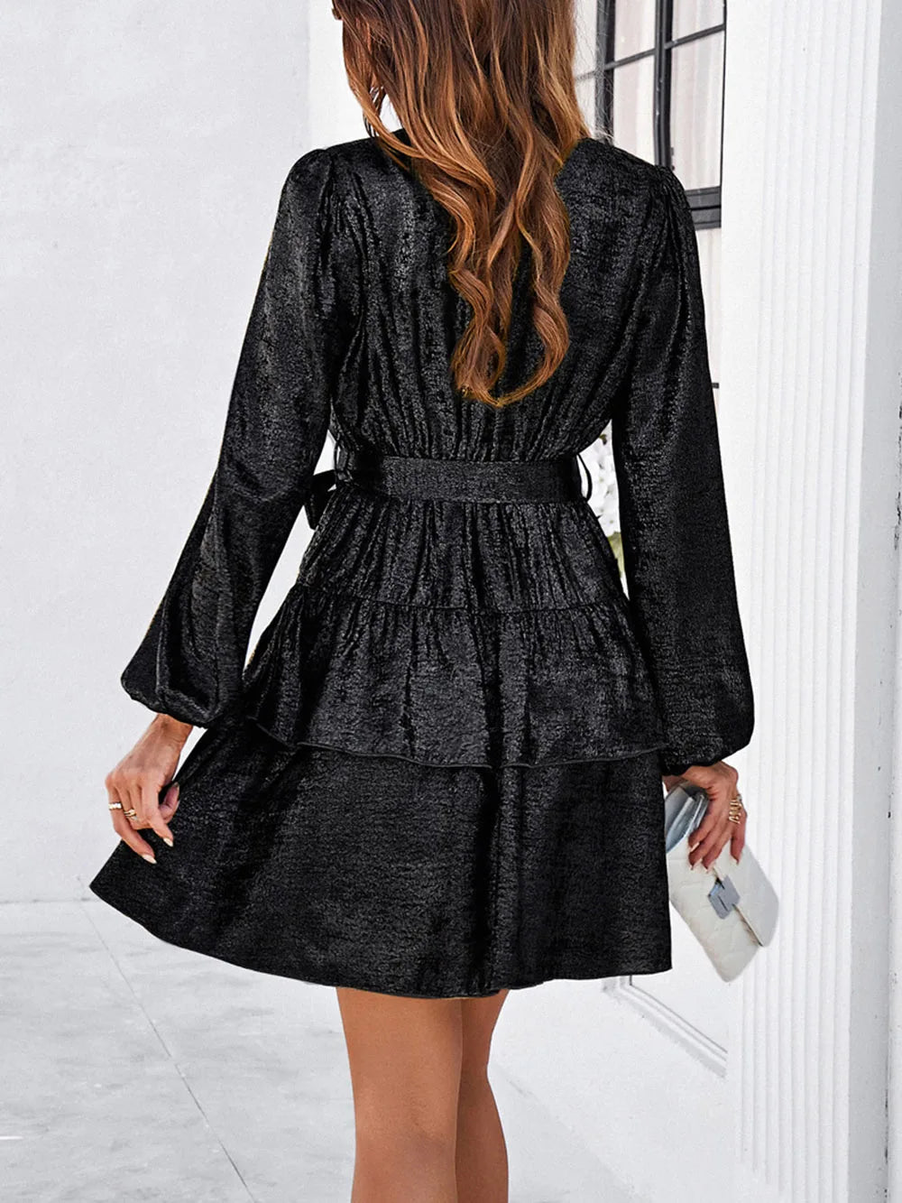 Black Layered V-neck Belted Long Sleeve Mini Dress Mini Dresses | Chuzko.com