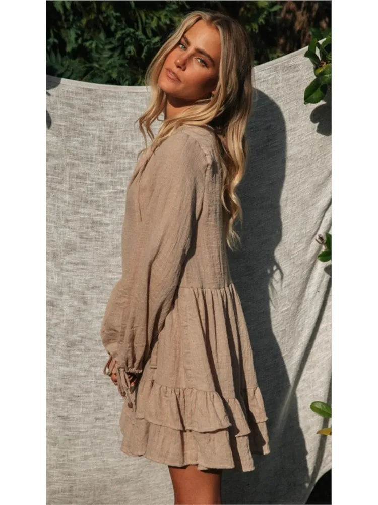 Solid Smock V-neck Mini Boho Dress For Casual Outings Mini | Chuzko.com