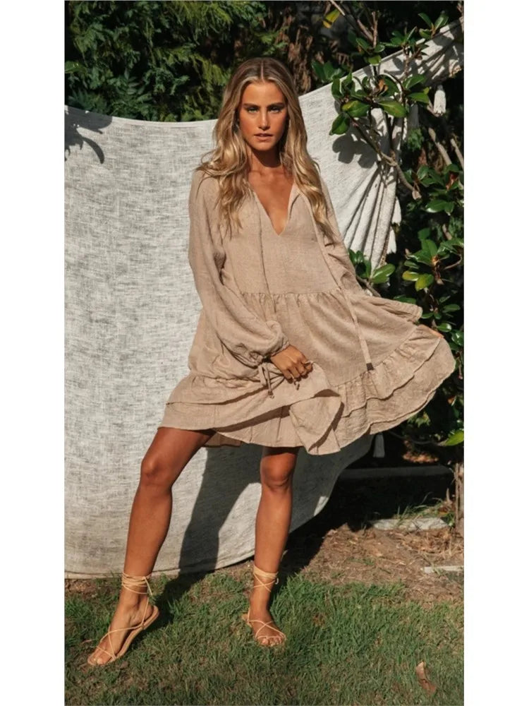 Solid Smock V-neck Mini Boho Dress For Casual Outings Mini | Chuzko.com