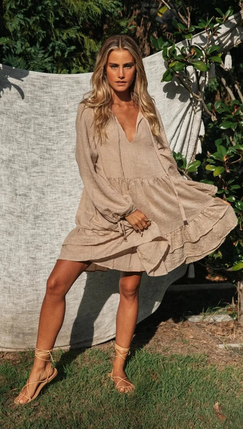 Solid Smock V-neck Mini Boho Dress For Casual Outings Mini | Chuzko.com