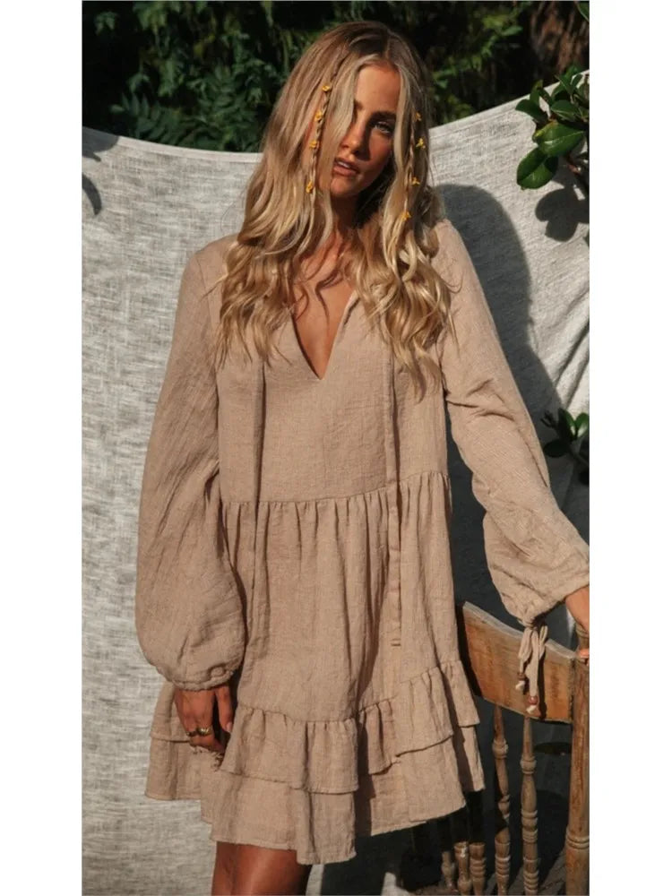 Solid Smock V-neck Mini Boho Dress For Casual Outings Mini | Chuzko.com