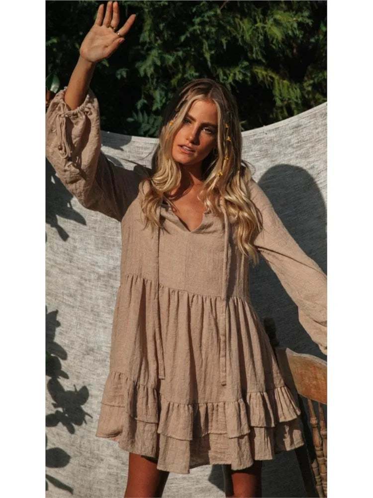 Solid Smock V-neck Mini Boho Dress For Casual Outings Mini | Chuzko.com