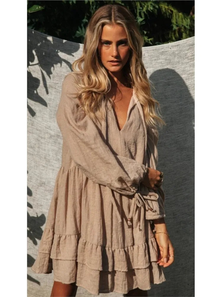 Solid Smock V-neck Mini Boho Dress For Casual Outings Mini | Chuzko.com