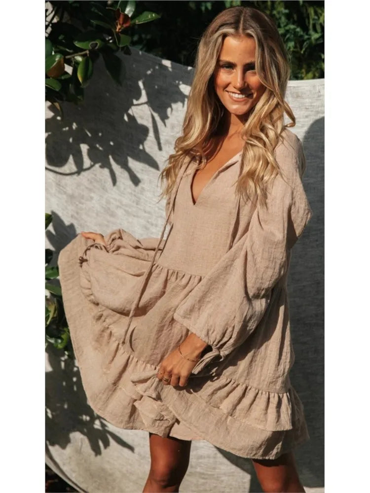 Solid Smock V-neck Mini Boho Dress For Casual Outings	