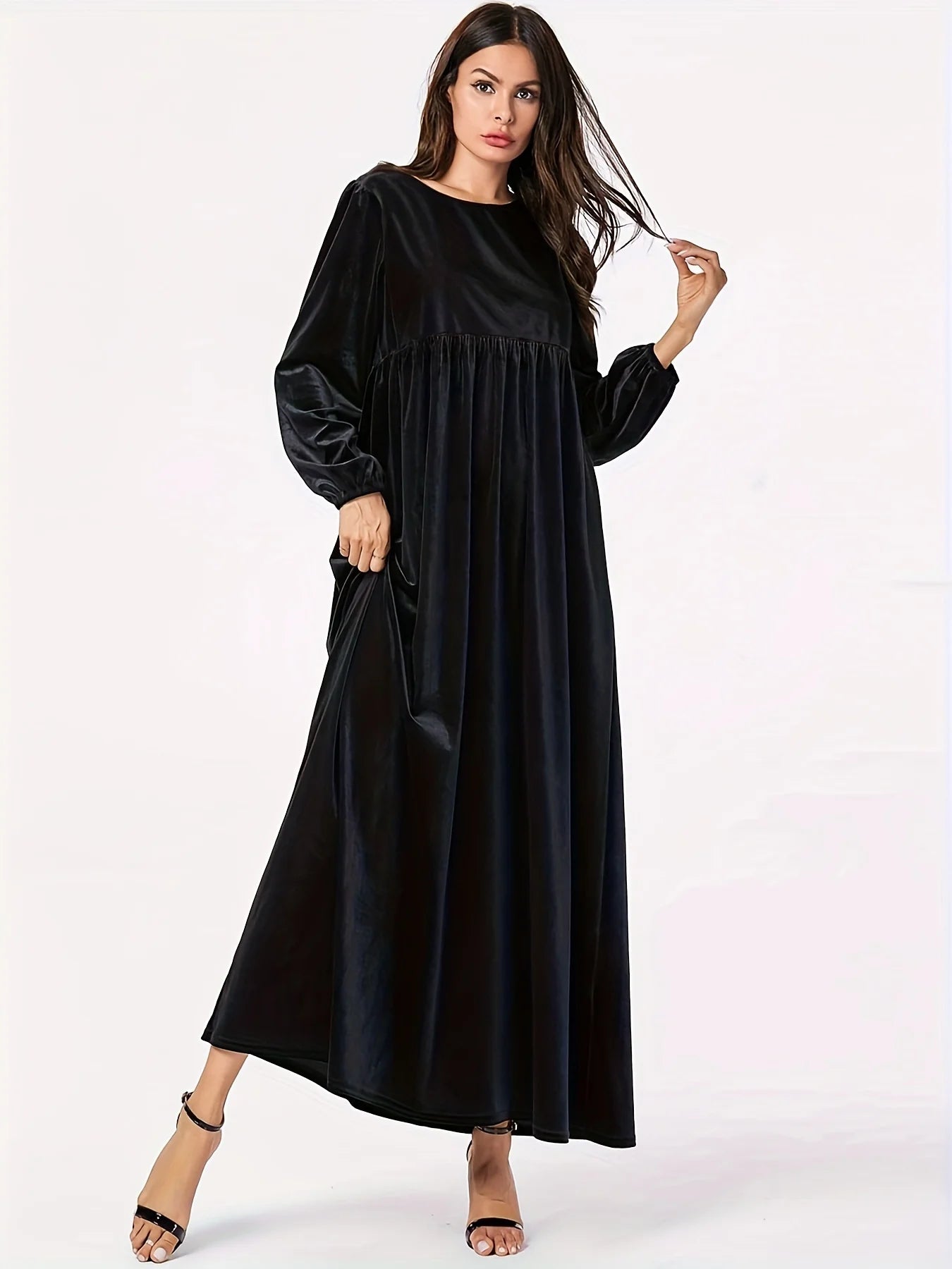 Elegant Plus Size Empire Waist Velvet Long Sleeve Maxi Dress Maxi | Chuzko.com