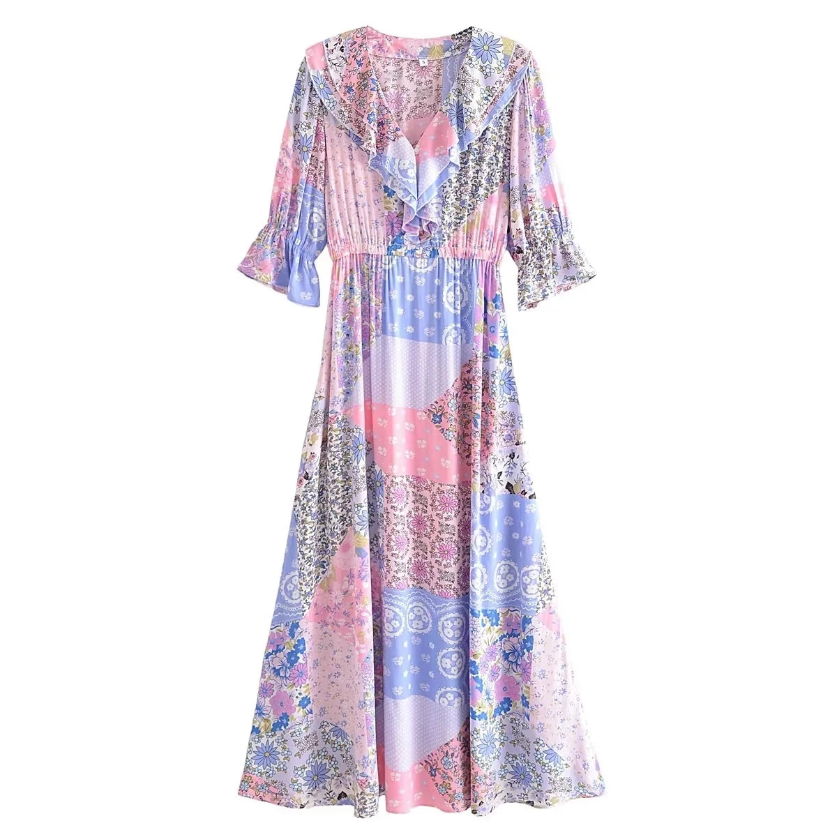 Boho Frill V-Neck 100% Viscose Dress Floral Print Boho Dresses | Chuzko.com