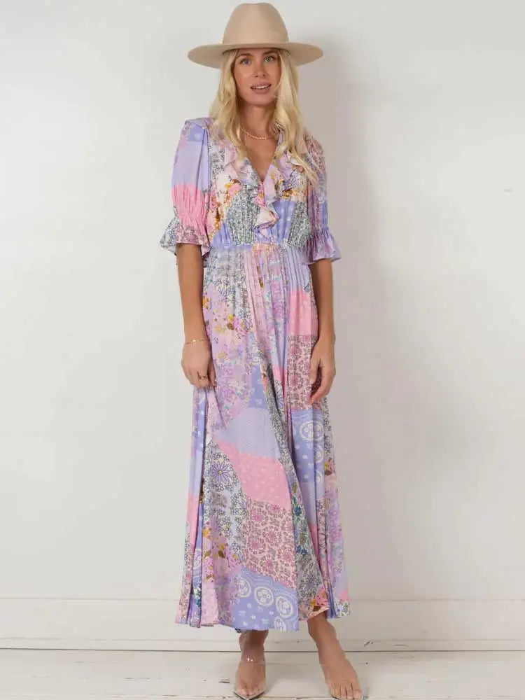 Boho Frill V-Neck 100% Viscose Dress Floral Print Boho Dresses | Chuzko.com