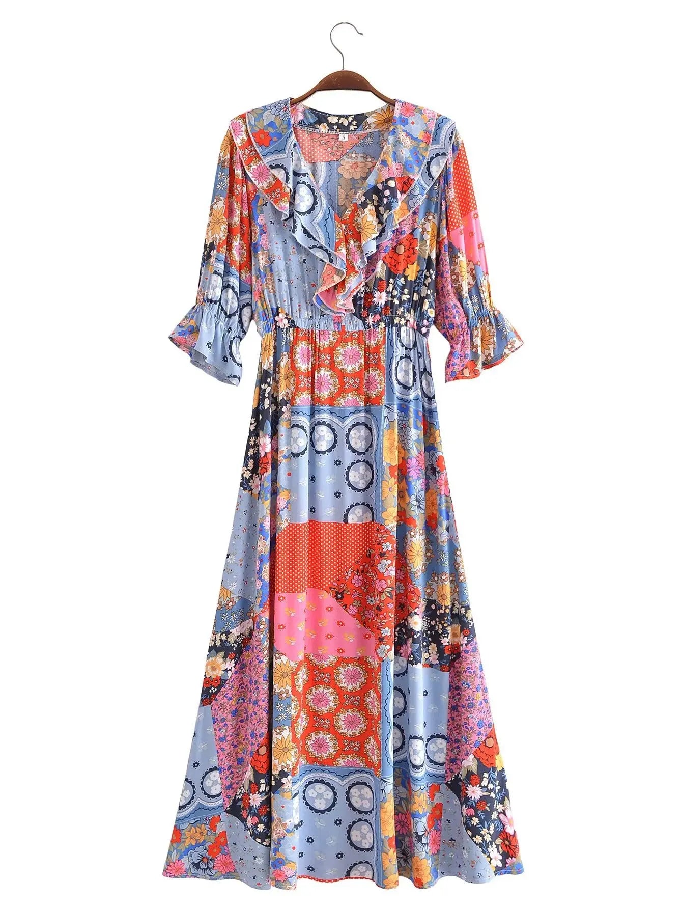 Boho Frill V-Neck 100% Viscose Dress Floral Print Boho Dresses | Chuzko.com