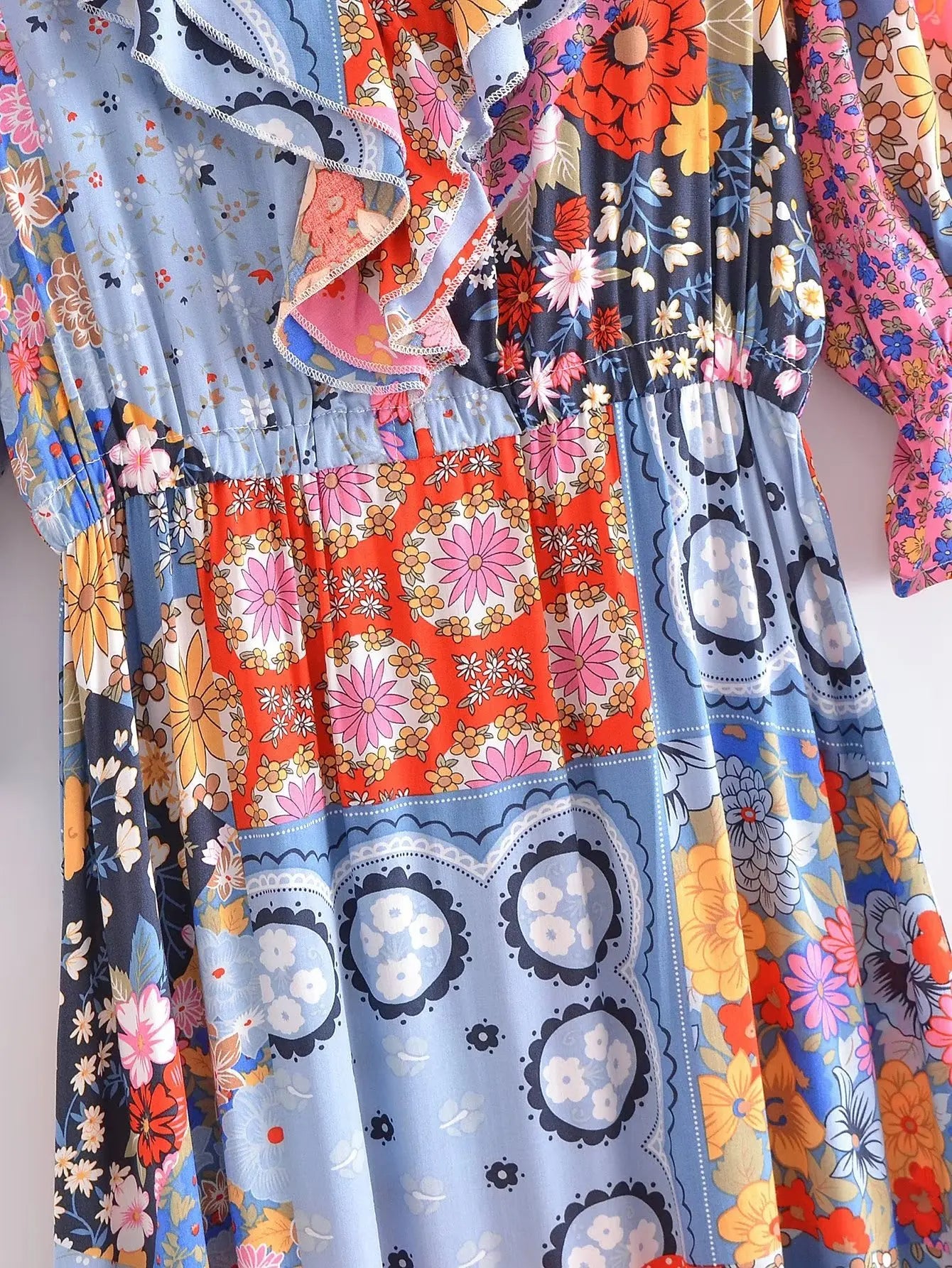 Boho Frill V-Neck 100% Viscose Dress Floral Print Boho Dresses | Chuzko.com