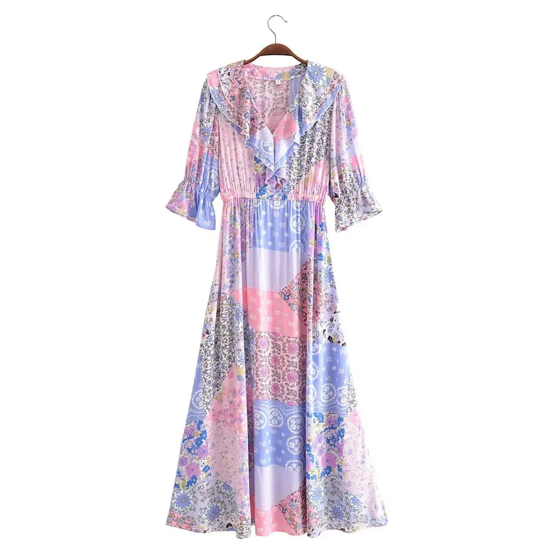 Boho Frill V-Neck 100% Viscose Dress Floral Print Boho Dresses | Chuzko.com