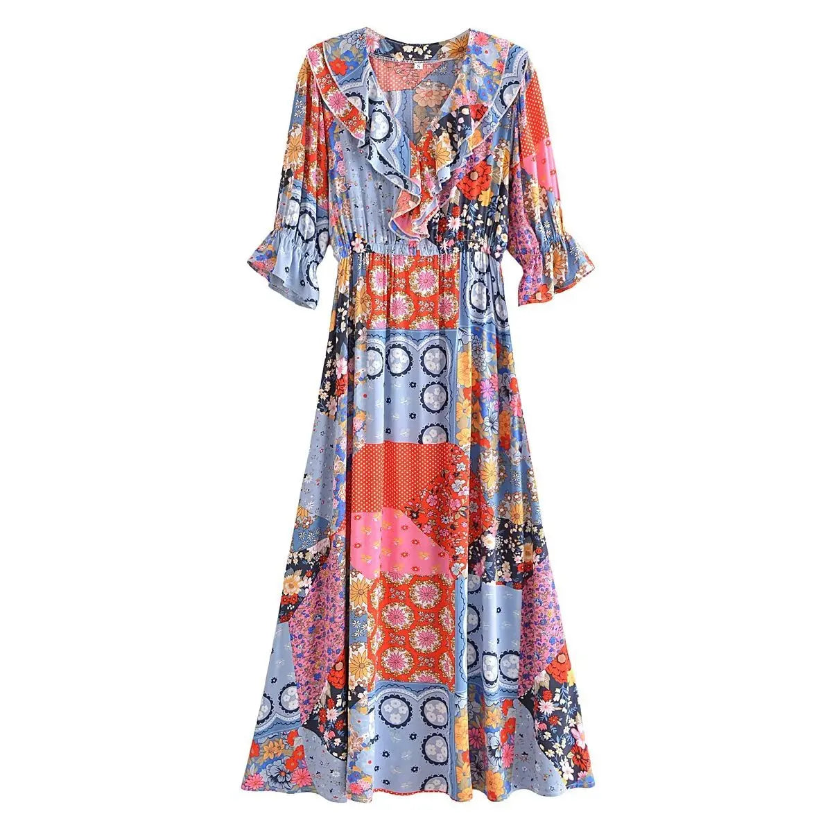 Boho Frill V-Neck 100% Viscose Dress Floral Print Boho Dresses | Chuzko.com