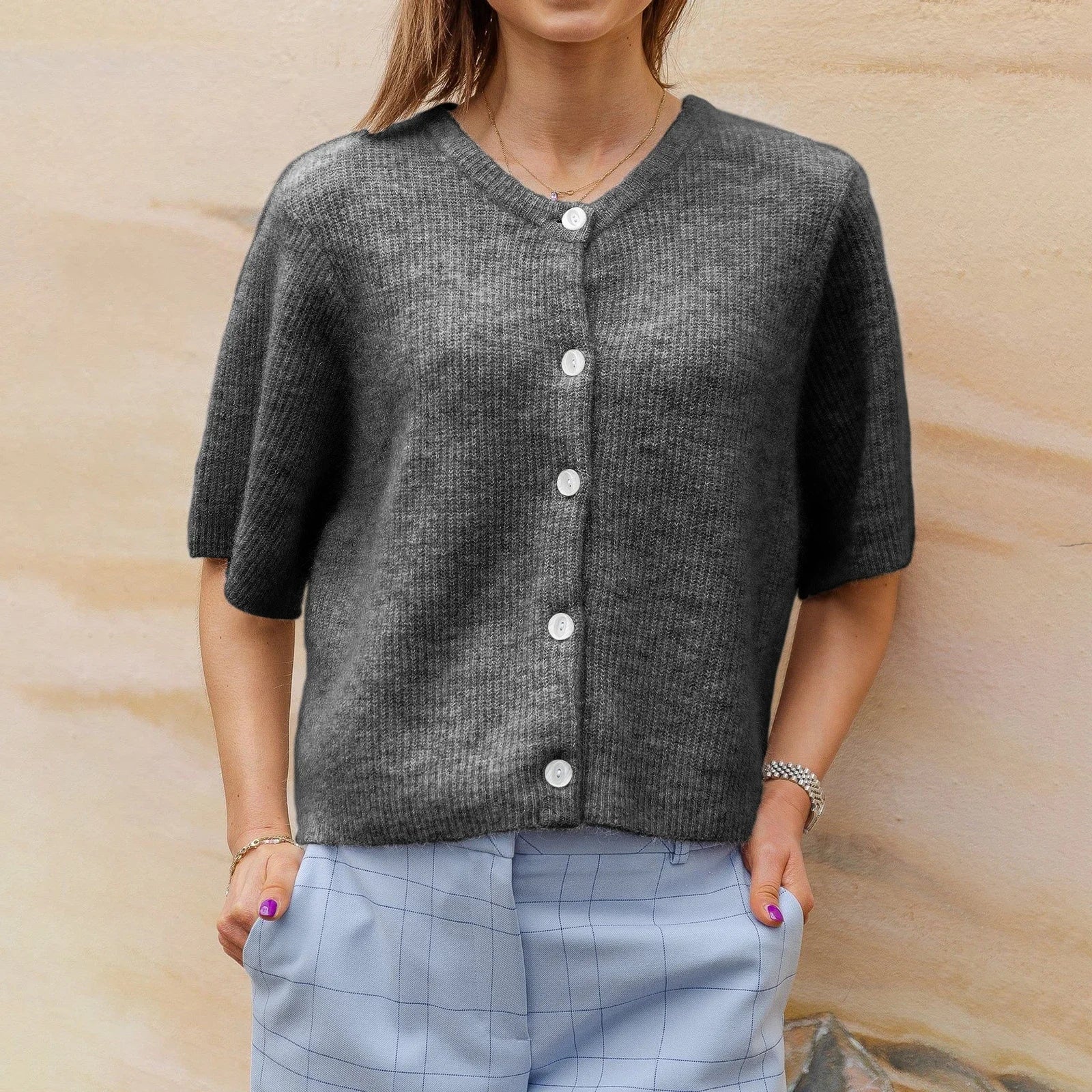 Short-Sleeve Knit Cardigan - Versatile & Stylish Women Sweaters | Chuzko.com