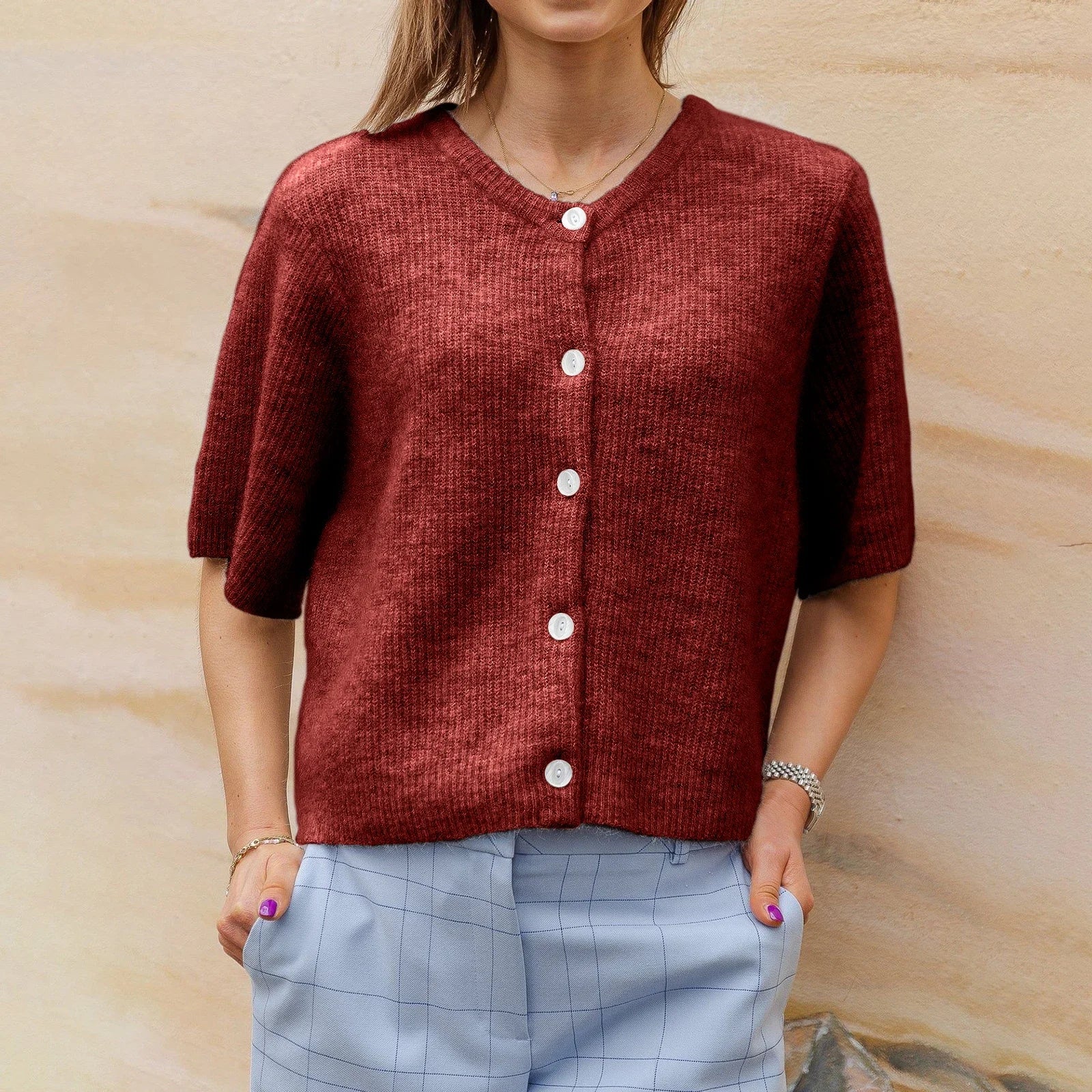 Short-Sleeve Knit Cardigan - Versatile & Stylish Women Sweaters | Chuzko.com