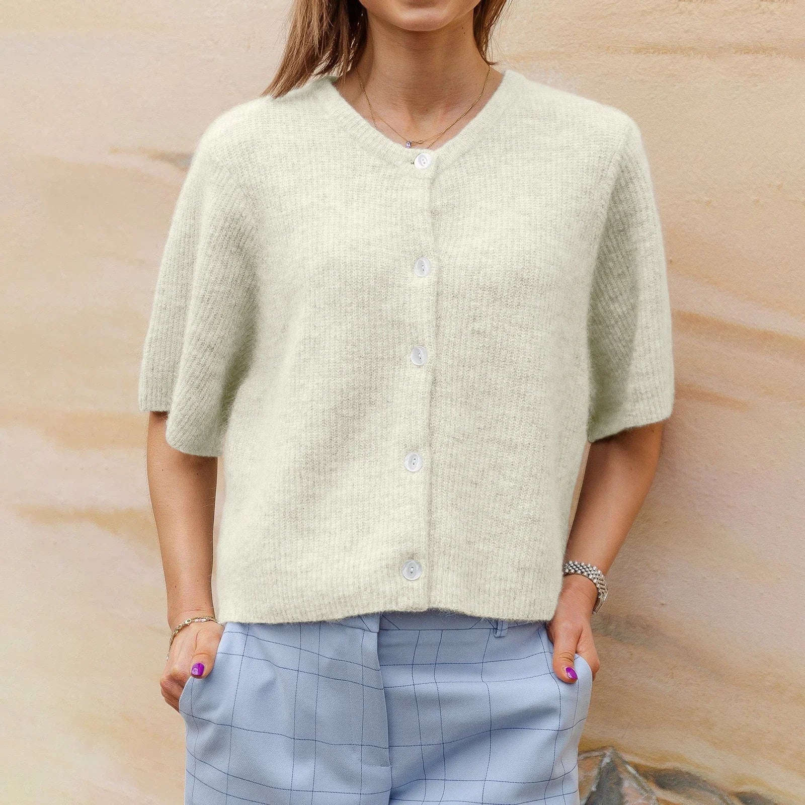 Short-Sleeve Knit Cardigan - Versatile & Stylish Women Sweaters | Chuzko.com