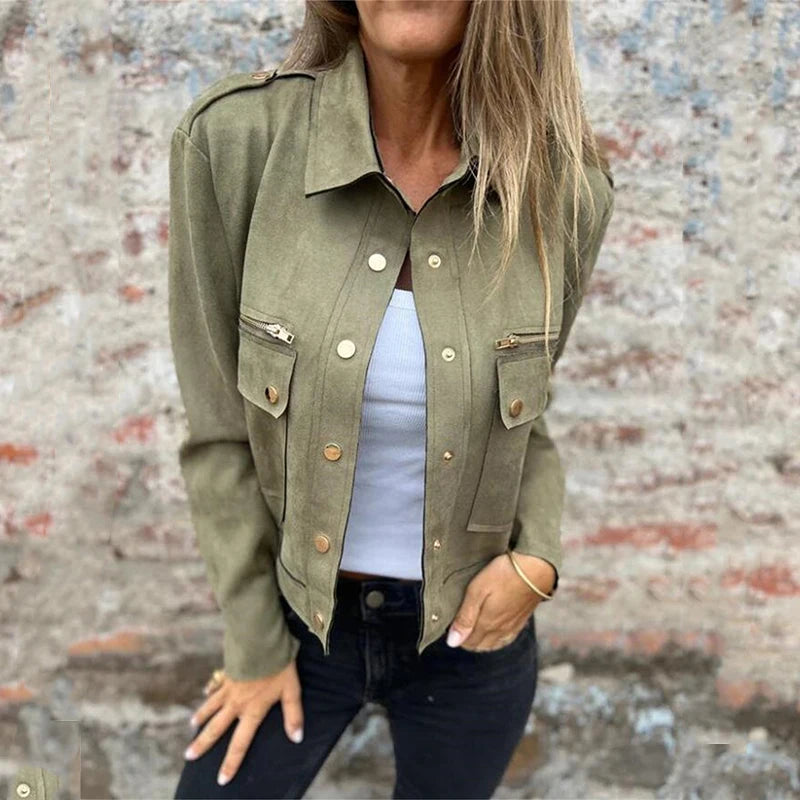 Chic Suede Jacket with Metallic Yellow Accents Women Coats and | Chuzko.com