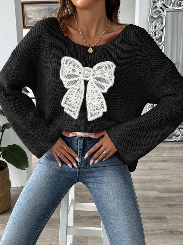 Oversized Pink Sweater with Lace Bow Sweaters | Chuzko.com