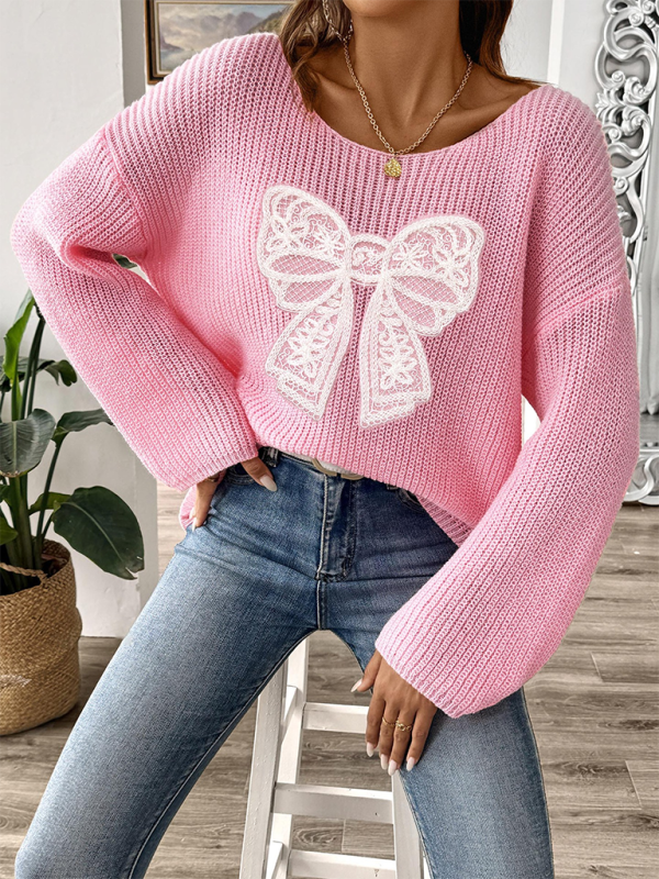 Oversized Pink Sweater with Lace Bow Sweaters | Chuzko.com