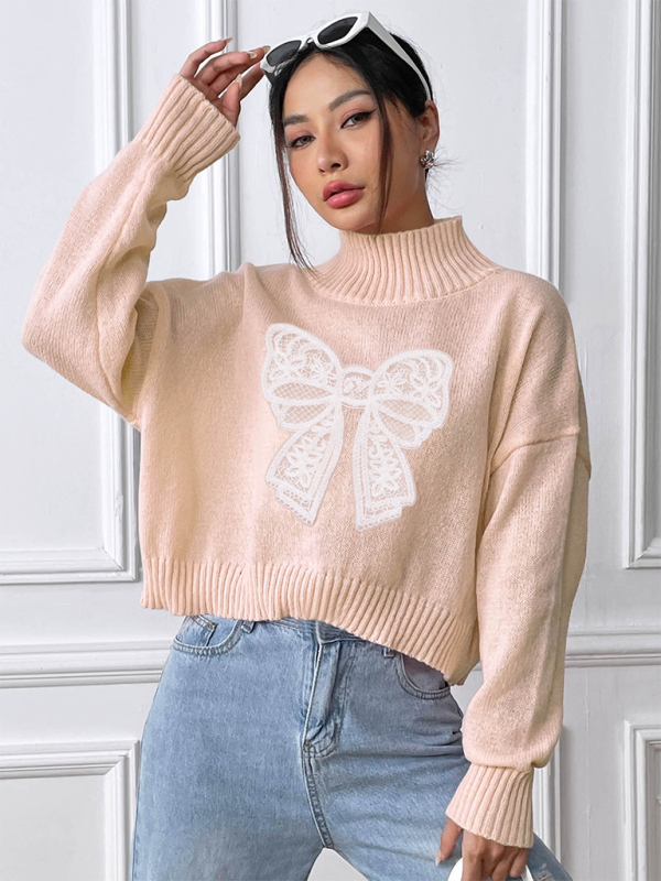 Oversized Pink Sweater with Lace Bow Sweaters | Chuzko.com