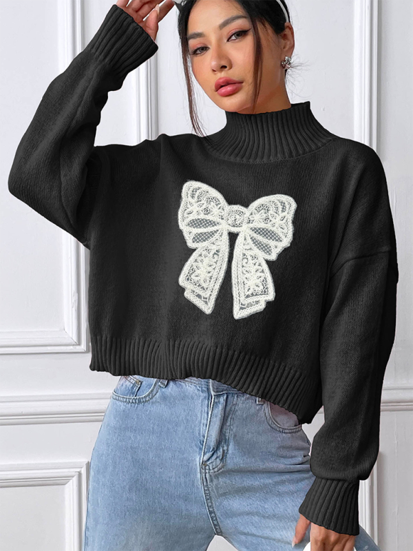 Oversized Pink Sweater with Lace Bow Sweaters | Chuzko.com