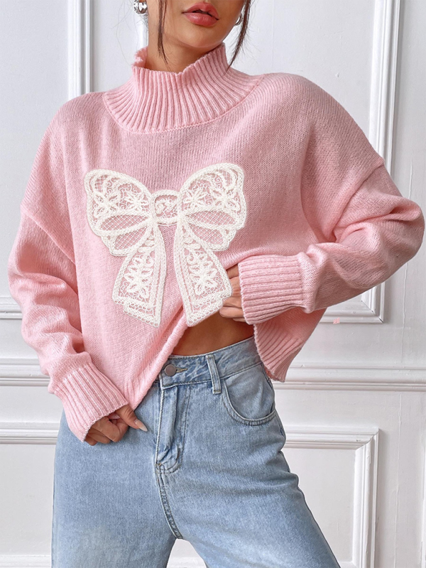 Oversized Pink Sweater with Lace Bow Sweaters | Chuzko.com