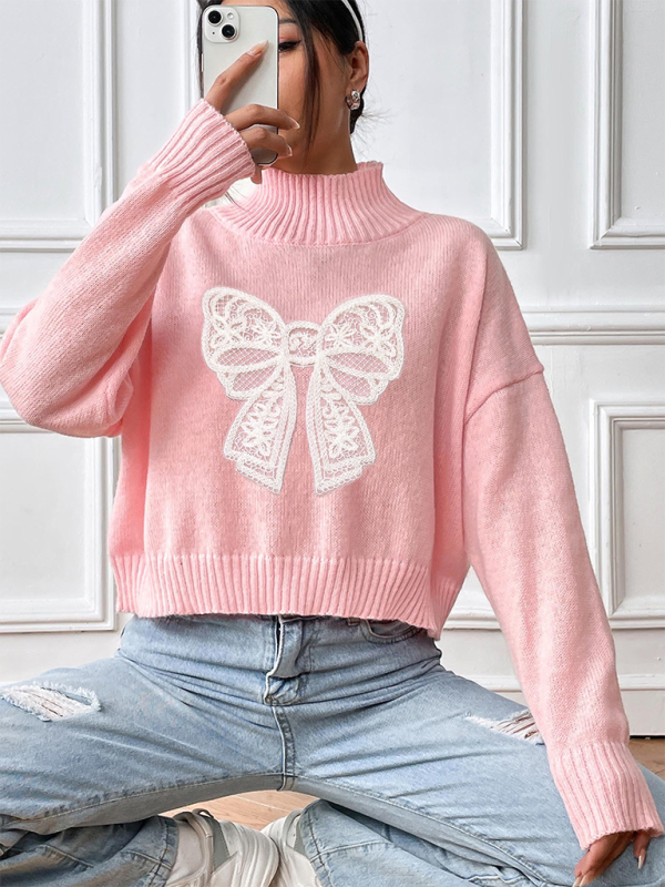 Oversized Pink Sweater with Lace Bow Sweaters | Chuzko.com