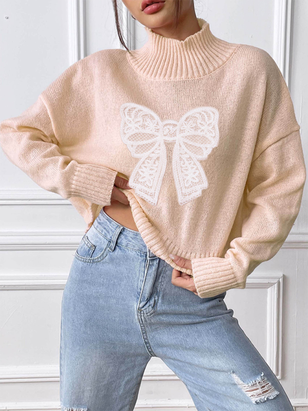 Oversized Pink Sweater with Lace Bow Sweaters | Chuzko.com