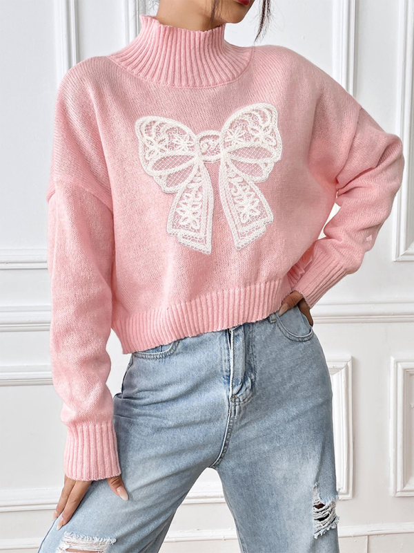 Oversized Pink Sweater with Lace Bow Sweaters | Chuzko.com