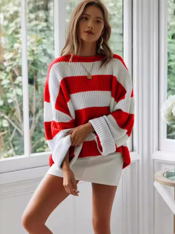 Red & White Striped Sweater Oversized Jumper Sweaters | Chuzko.com