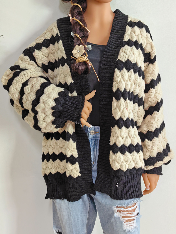 Chunky Geo Knit Cardigan Open-Front Sweater	