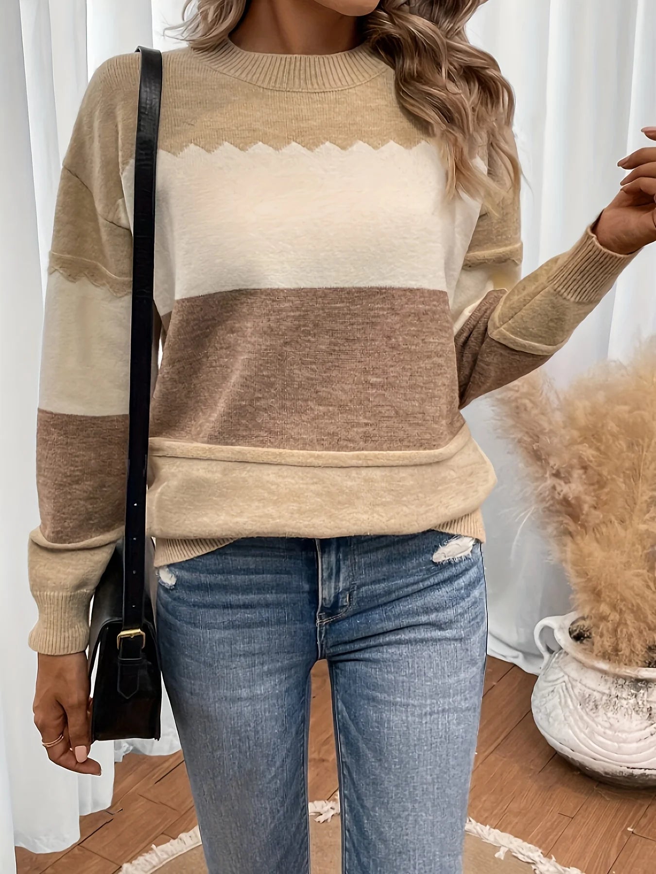 Earth-Tone Stripe Pullover Textured Knit Sweater Pullovers | Chuzko.com