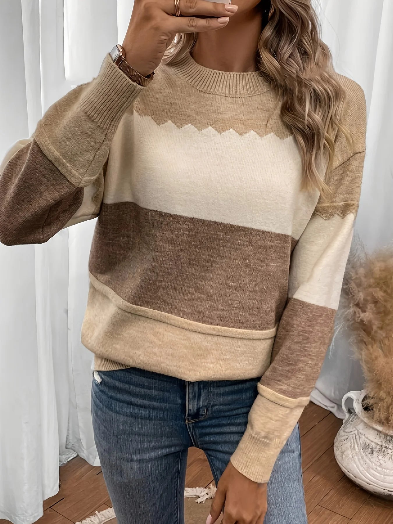 Earth-Tone Stripe Pullover Textured Knit Sweater	