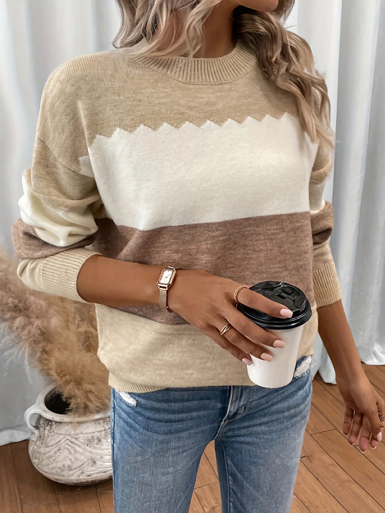 Earth-Tone Stripe Pullover Textured Knit Sweater Pullovers | Chuzko.com