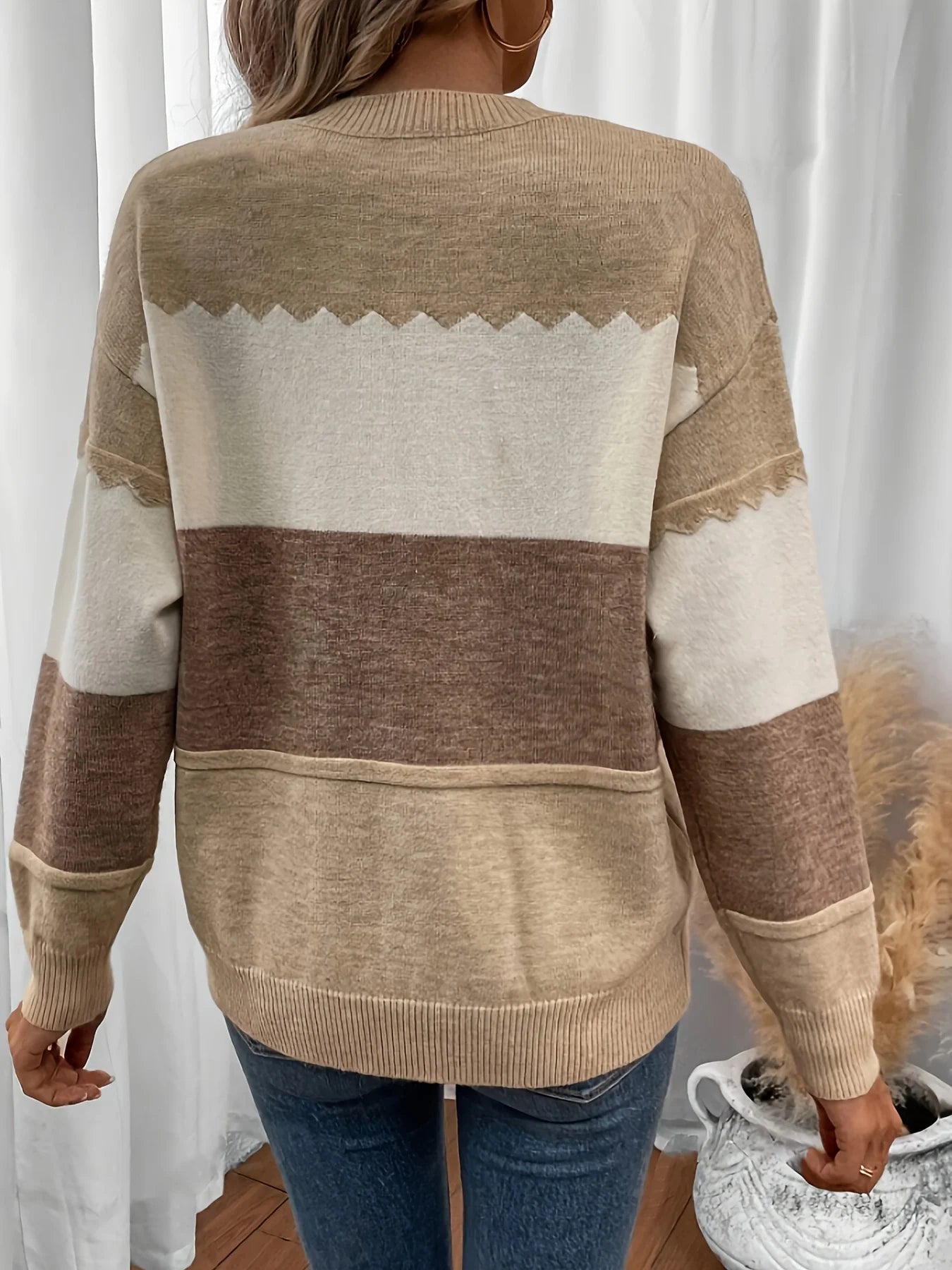 Earth-Tone Stripe Pullover Textured Knit Sweater Pullovers | Chuzko.com