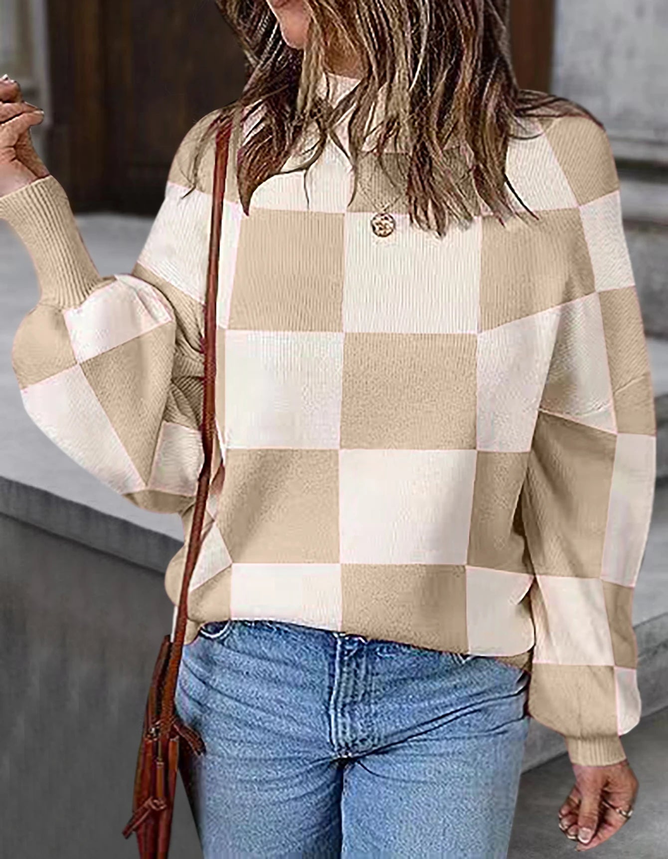 Oversized Checkerboard Sweater High Neck Jumper	